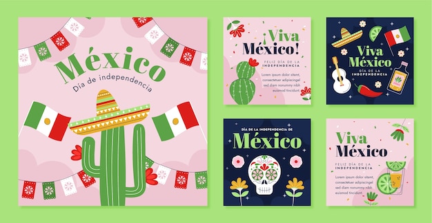 Bezpłatny wektor płaska kolekcja postów na instagramie na obchody niepodległości meksyku