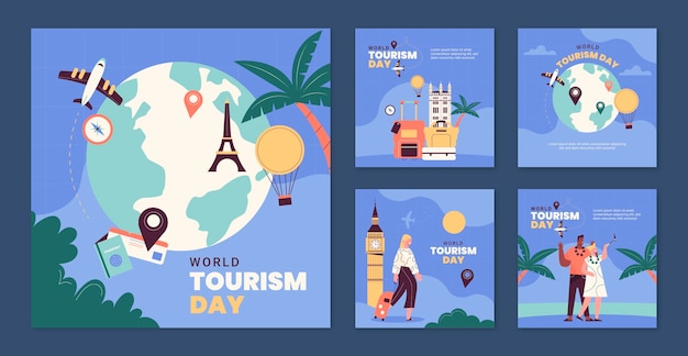 Bezpłatny wektor płaska kolekcja postów na instagramie na obchody światowego dnia turystyki