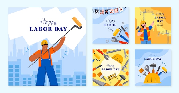 Bezpłatny wektor płaska kolekcja postów na instagramie na obchody święta pracy