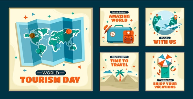 Bezpłatny wektor płaska kolekcja postów na instagramie na święto światowego dnia turystyki