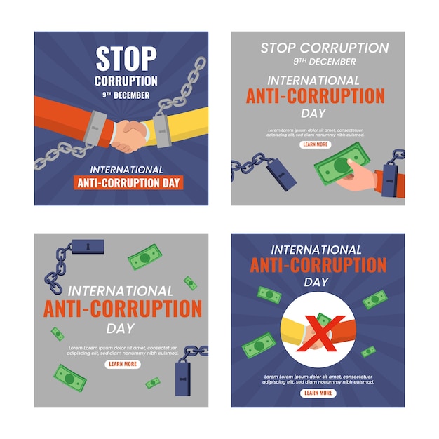 Bezpłatny wektor płaska kolekcja postów na instagramie przeciwko korupcji