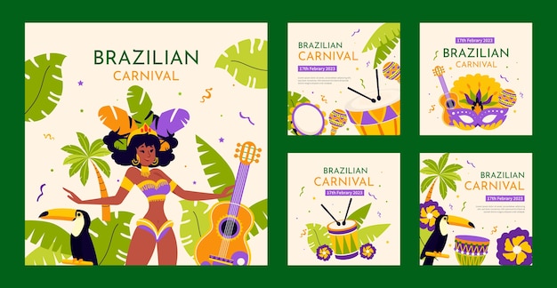 Bezpłatny wektor płaska kolekcja postów na instagramie z okazji brazylijskiego karnawału