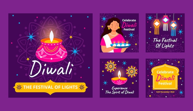 Bezpłatny wektor płaska kolekcja postów na instagramie z okazji obchodów festiwalu diwali