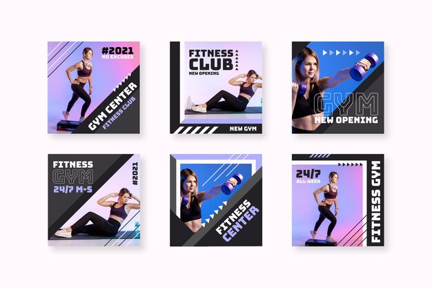 Płaska kolekcja postów na instagramie zdrowia i fitness ze zdjęciem