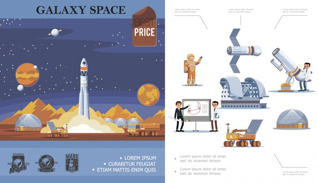 Płaska kompozycja do eksploracji kosmosu z rakietą kosmonauta, naukowcy satelitarni, teleskop planetarium, łazik księżycowy, etykiety odkrywania Marsa