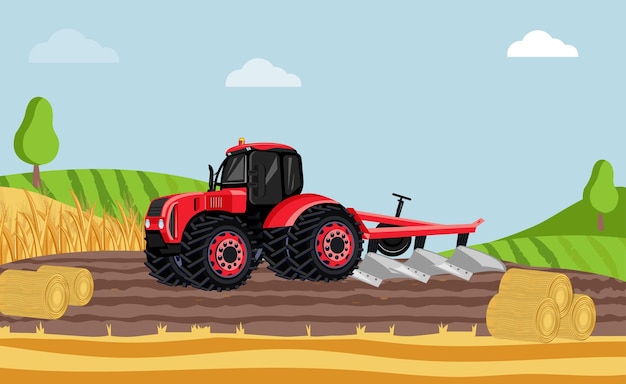 Bezpłatny wektor płaska kompozycja maszyny rolniczej z rolkami siana i ciągnikiem z pługiem pracującym na ilustracji wektorowych pola