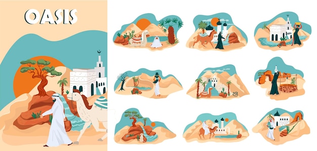Bezpłatny wektor płaska kompozycja oazy z roślinami, budynkami, ludźmi i zwierzętami na pustyni, izolowana ilustracja wektorowa