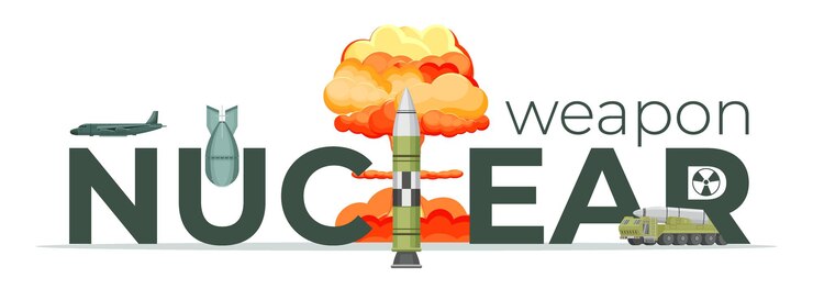 Bezpłatny plik Wektor płaska kompozycja tekstu broni jądrowej z wybuchem atomowym i uzbrojeniem na białym tle ilustracji wektorowych