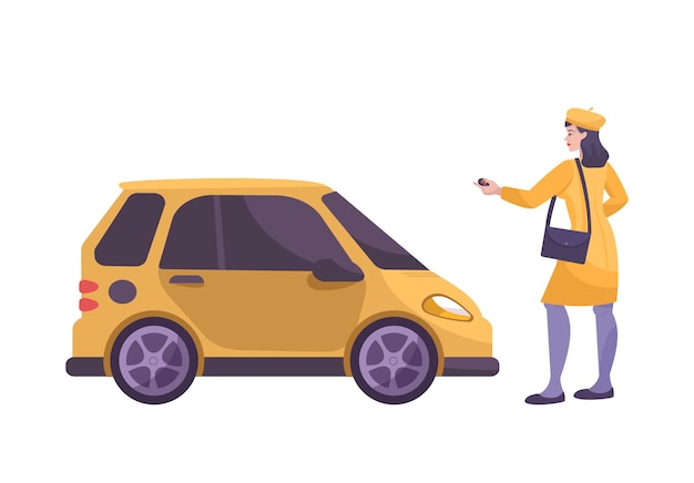 Bezpłatny wektor płaska kompozycja z postacią kobiety kierowcy zamykającej ilustrację samochodu