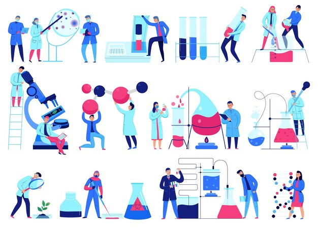 Płaska konstrukcja ikony zestaw z naukowcami pracującymi w laboratorium naukowym na białym tle ilustracji wektorowych