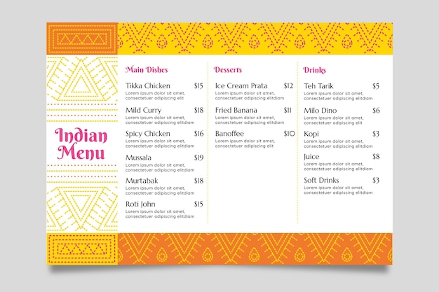 Bezpłatny wektor płaska konstrukcja indyjskiego szablonu menu