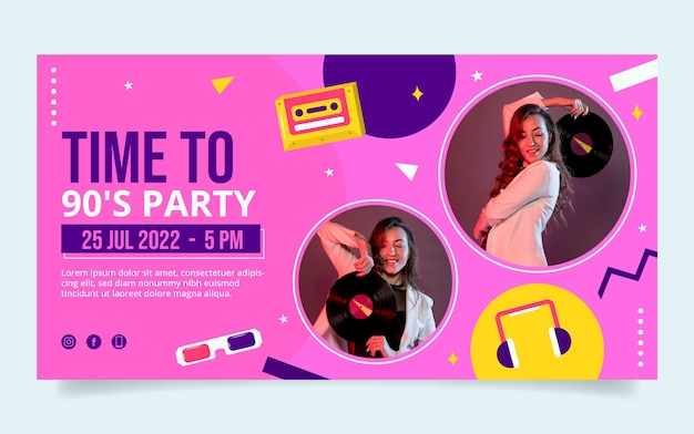 Bezpłatny wektor płaska konstrukcja kolorowe 90s party szablon postu na facebooku