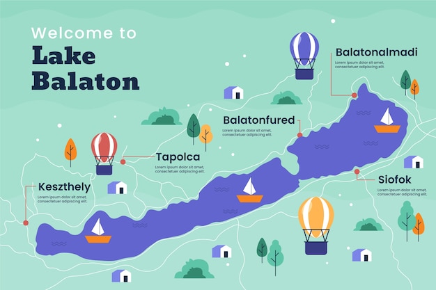 Płaska konstrukcja mapy jeziora Balaton