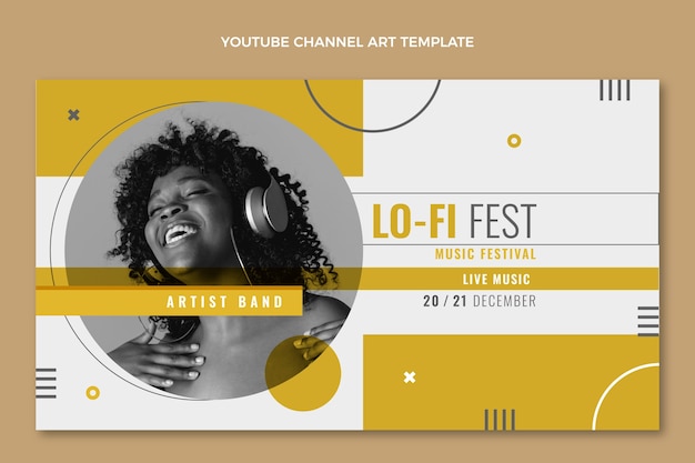 Bezpłatny wektor płaska konstrukcja minimalistycznego festiwalu muzycznego youtube channel art