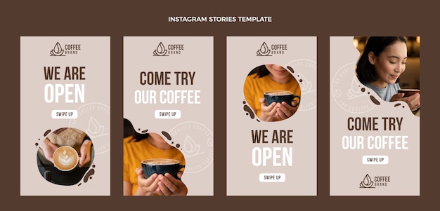 Bezpłatny wektor płaska konstrukcja minimalistycznych opowieści o kawiarniach na instagramie
