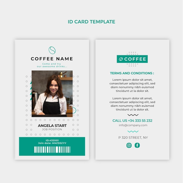 Bezpłatny wektor płaska konstrukcja minimalna karta identyfikacyjna kawiarni