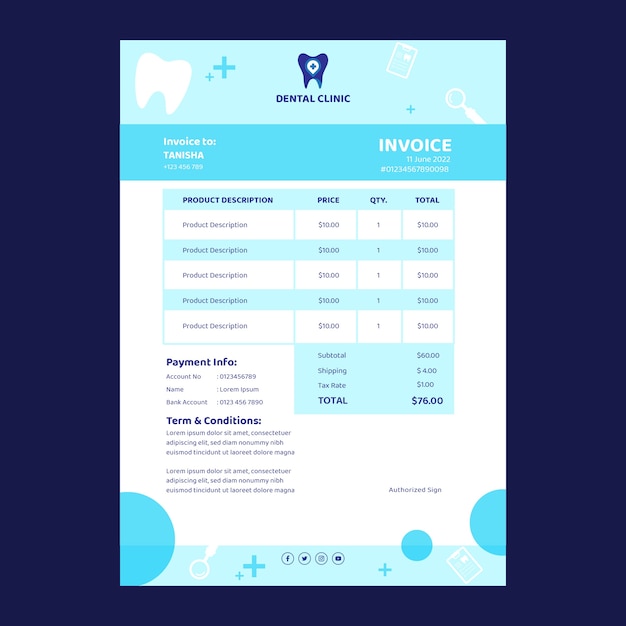 Bezpłatny wektor płaska konstrukcja minimalna klinika dentystyczna szablon faktury