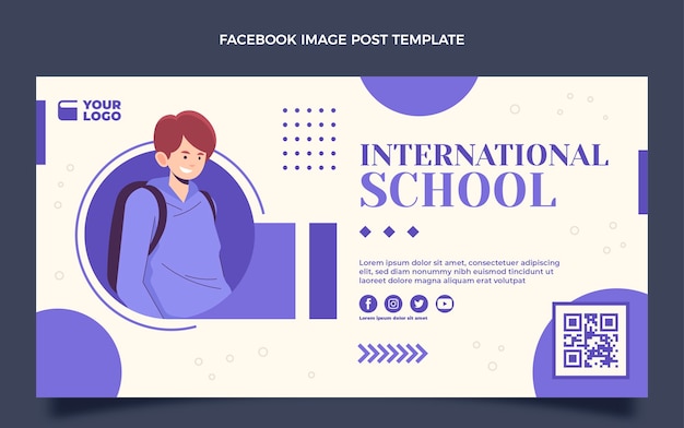 Bezpłatny wektor płaska konstrukcja minimalna międzynarodowa szkoła facebook post
