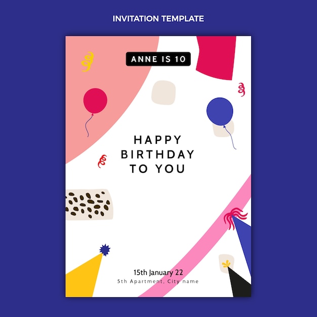 Bezpłatny wektor płaska konstrukcja minimalne zaproszenie na urodziny