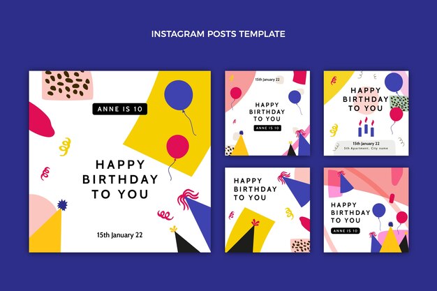 Płaska konstrukcja minimalnych postów urodzinowych na Instagramie