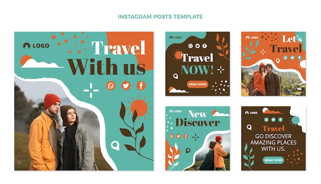 Płaska Konstrukcja Postów Z Podróży Na Instagramie Premium Wektorów