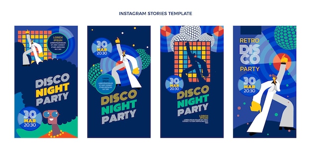 Bezpłatny wektor płaska konstrukcja retro disco party instagram historie