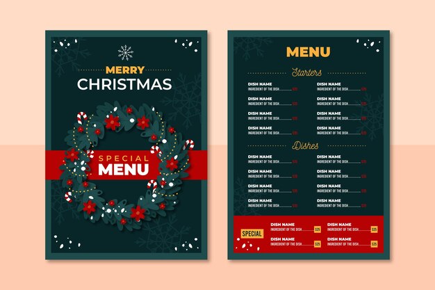 Płaska konstrukcja szablonu menu świąteczne