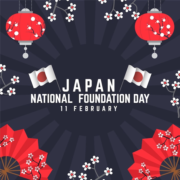 Bezpłatny wektor płaska konstrukcja tło dzień fundacji (japonia) z kwiatami i flagami