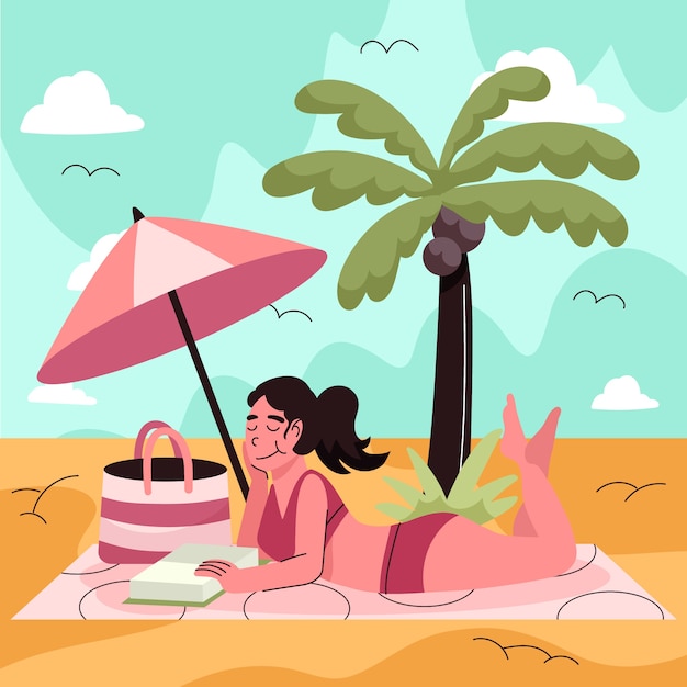 Płaska letnia ilustracja z kobietą czytającą książkę na plaży