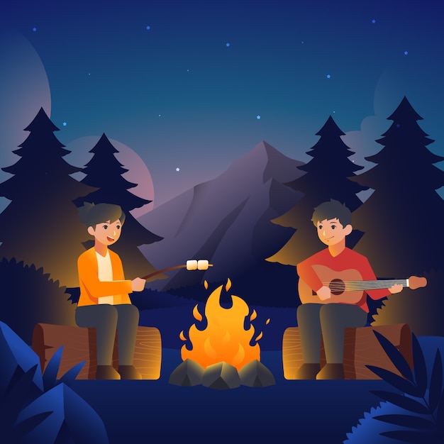 Bezpłatny wektor płaska letnia noc ilustracja z ludźmi pieczącymi pianki i grającymi na gitarze