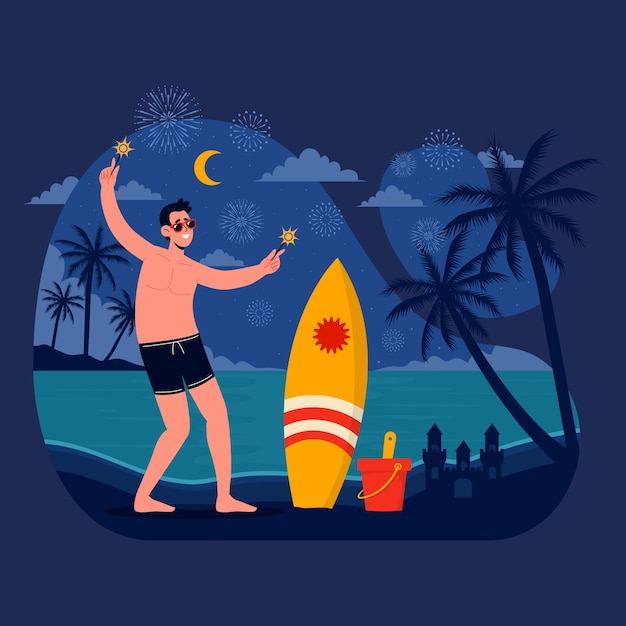 Bezpłatny wektor płaska letnia noc ilustracja z mężczyzną i deską surfingową na plaży