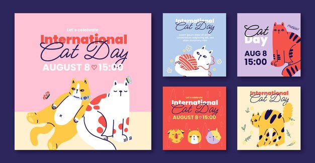 Bezpłatny wektor płaska międzynarodowa kolekcja postów na instagramie z okazji dnia kota