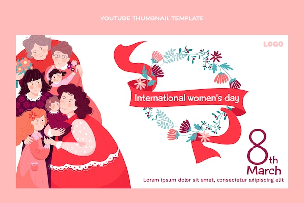 Bezpłatny wektor płaska miniatura youtube na międzynarodowy dzień kobiet