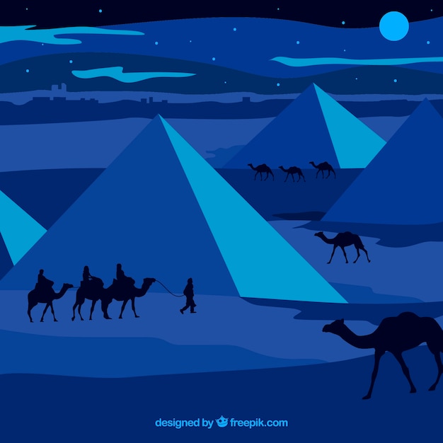 Bezpłatny wektor płaska noc krajobraz z egipskimi piramidami i karawaną wielbłądów