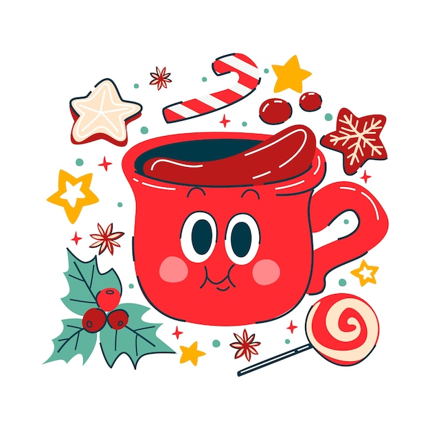 Płaska świąteczna ilustracja gorącej czekolady