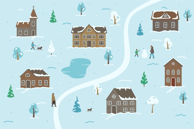 Bezpłatny wektor płaska zimowa ilustracja wioski