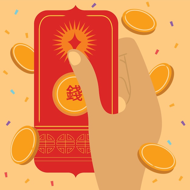 Bezpłatny wektor płaski chiński nowy rok szczęśliwy pieniądze ilustracja