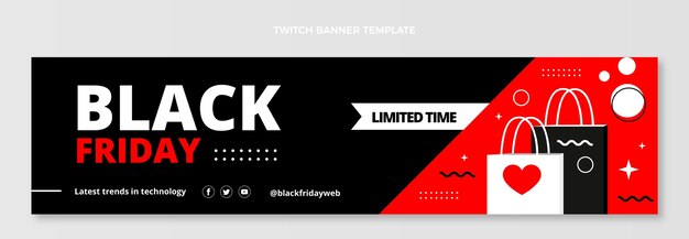 Płaski czarny piątek poziomy baner twitch