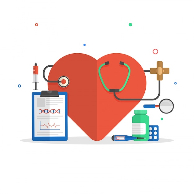 Bezpłatny wektor płaski ilustracja serca z stetoskop, tabliczka na receptę i leki na koncepcję medyczną.
