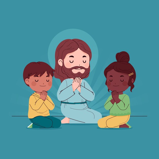 Płaski jezus z ilustracją dzieci