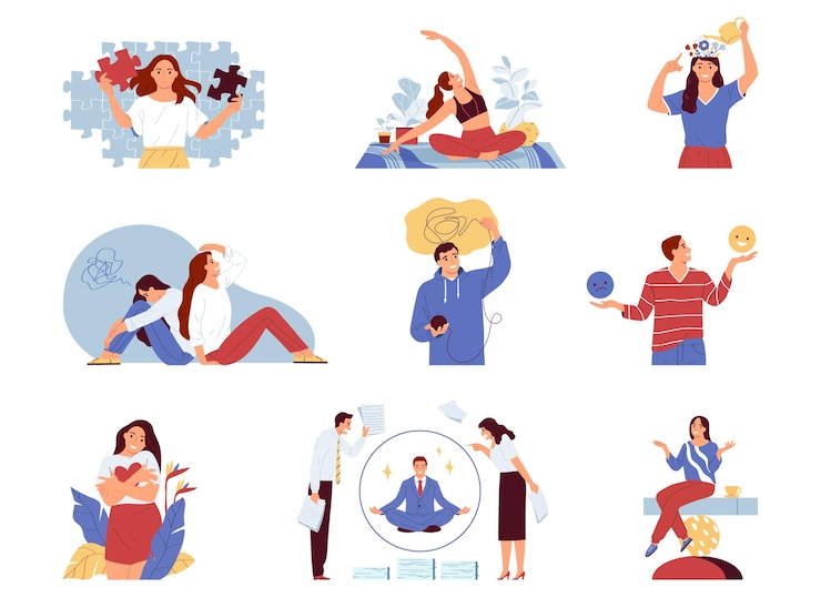 Bezpłatny plik Wektor płaski kolor ikon zdrowia psychicznego z abstrakcyjnymi symbolami opieki psychologicznej na białym tle ilustracji wektorowych