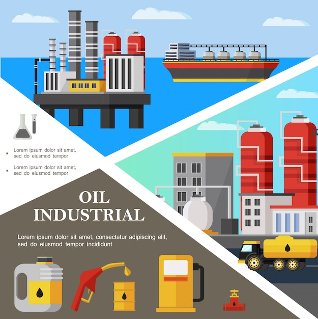 Bezpłatny wektor płaski kolorowy szablon przemysłu naftowego z cysterną petrochemiczną instalacja paliwowa kanister zawór rurociągu dysza pompy stacji benzynowej