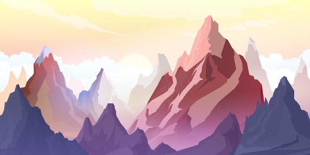 Płaski krajobraz wysokich szczytów górskich na tle nieba słońce i chmury ilustracji wektorowych