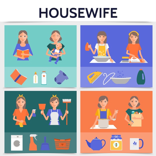 Płaski Kwadrat życia Gospodyni Domowej Z Sprzątaniem Zakupów, Praniem, Gotowaniem, Prasowaniem Matki