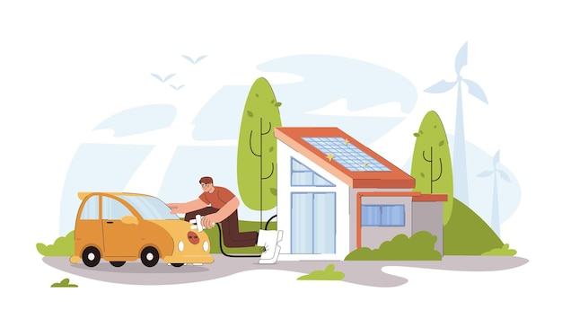 Płaski mężczyzna ładujący samochód elektryczny na podwórku ze stacji ładującej ev w nowoczesnym inteligentnym domu z fotowoltaicznymi panelami słonecznymi na dachu Ekologiczny dom alternatywna alternatywna koncepcja zielonej energii odnawialnej
