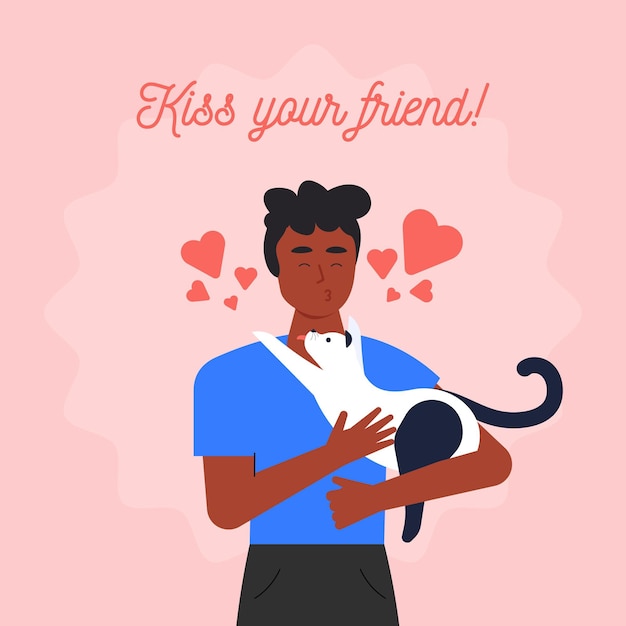 Bezpłatny wektor płaski międzynarodowy dzień całowania ilustracja z mężczyzną i kotem
