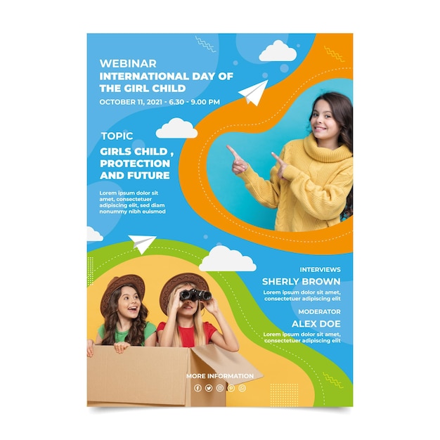 Bezpłatny wektor płaski międzynarodowy dzień dziewczyny pionowy plakat szablon ze zdjęciem
