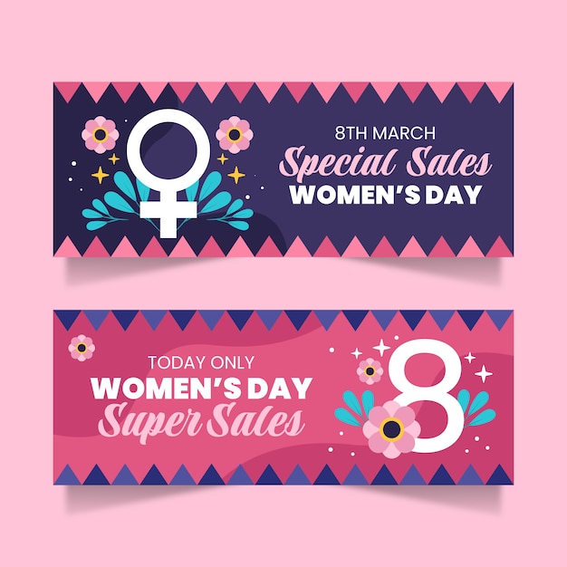 Bezpłatny wektor płaski międzynarodowy dzień kobiet sprzedaży zestaw poziomych banerów