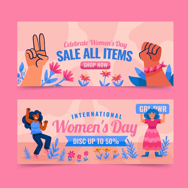 Płaski międzynarodowy dzień kobiet sprzedaży zestaw poziomych banerów