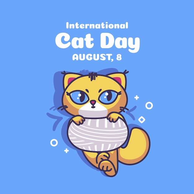 Bezpłatny wektor płaski międzynarodowy dzień kota ilustracja z kotem i przędzą